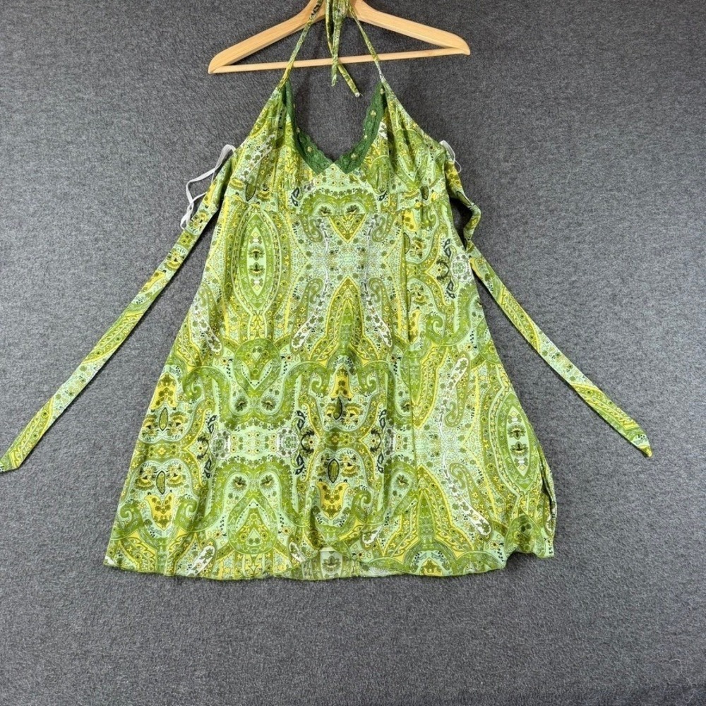 Vintage Y2K Rue21 Womens XL‎ Green Paisley Halter Neck Lace Trim Boho Mini Dress